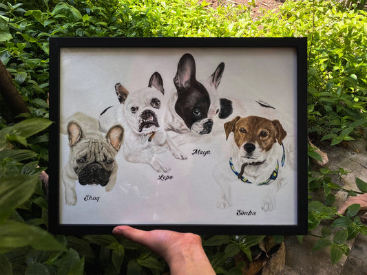 Retrato de 4 Mascotas Rectangular + Marco Simple